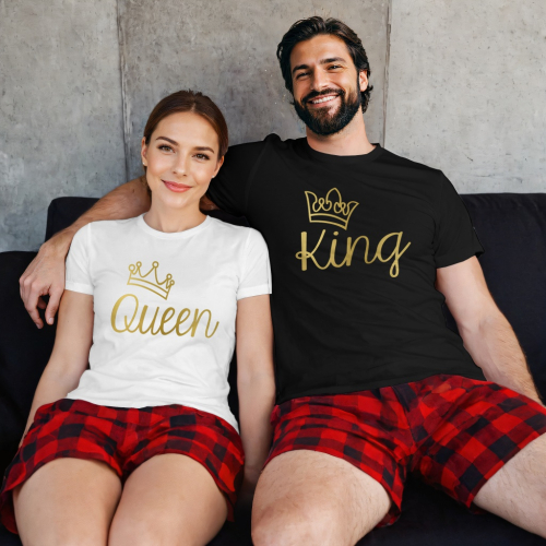 Piżamy Dla Par – King & Queen Złoty Nadruk | Zestaw Dla Dwojga